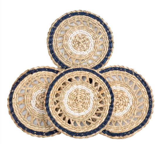 NATURAL/NAVY SEAGRASS 4" ROUND COASTERS  Set of 4