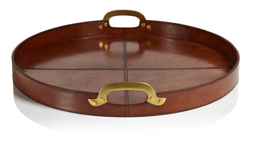 Leather with Brass Handles Round Tray