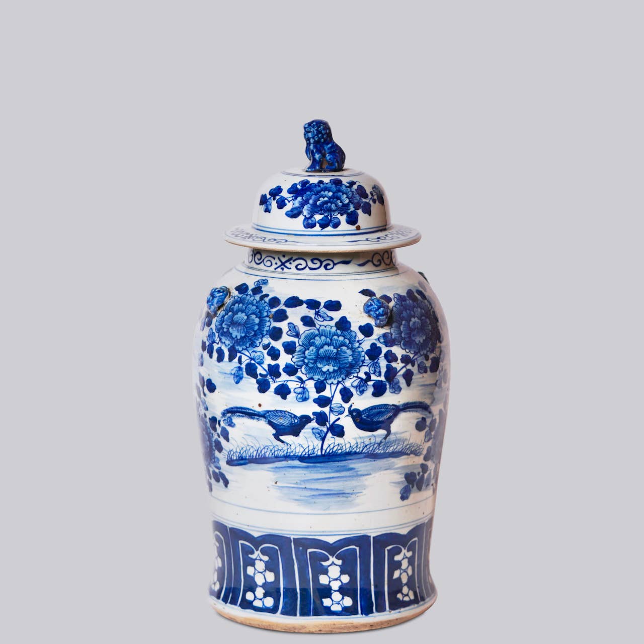 Blue and White Bird and Flower Porcelain Temple Jar