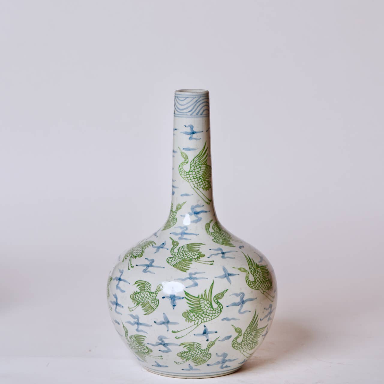 Green and Blue Porcelain Cranes and Clouds Globe Vase