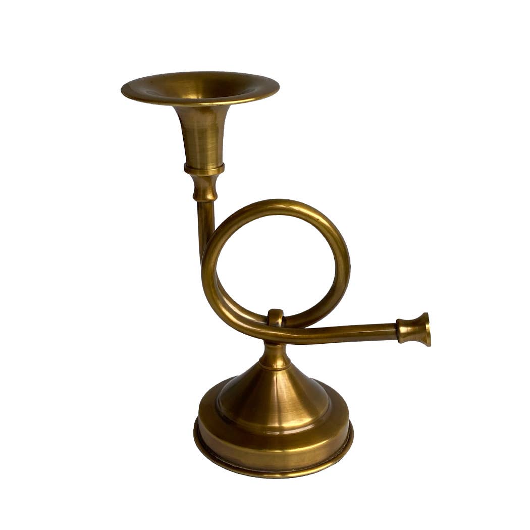 8-1/4" Brass French Horn Fox Hunt Candle Stick Holder