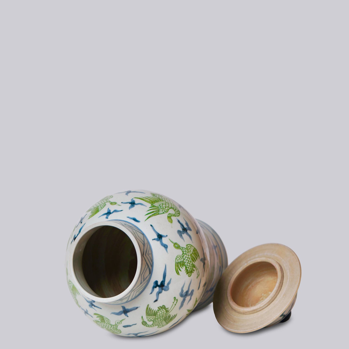 Flying Cranes Green and Blue Porcelain Temple Jar