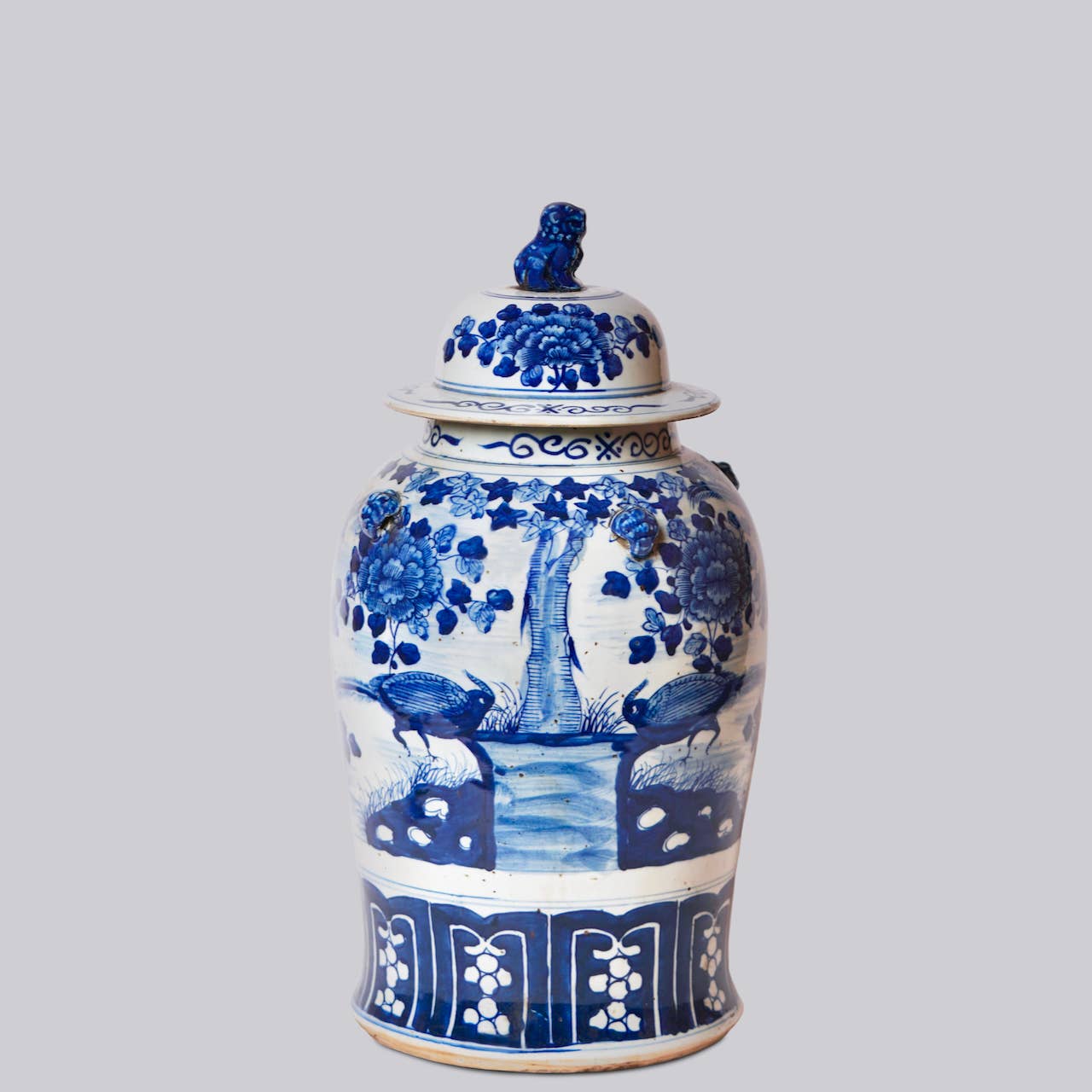 Blue and White Bird and Flower Porcelain Temple Jar