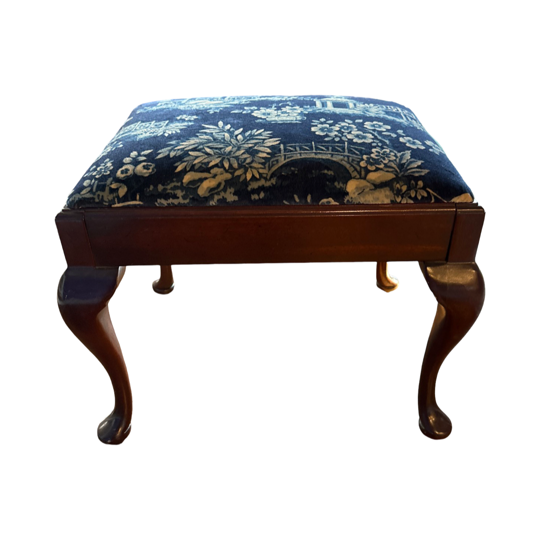 Queen Anne Stool in velvet chinoiserie fabric