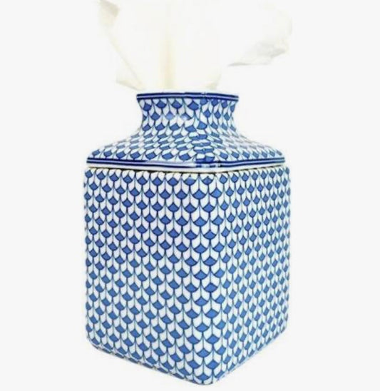 Porcelain Tissue Box - fish scale blue