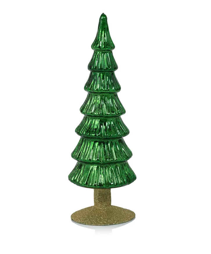 Glass Tree on Gold Glitter Base - Green - 10.75 in