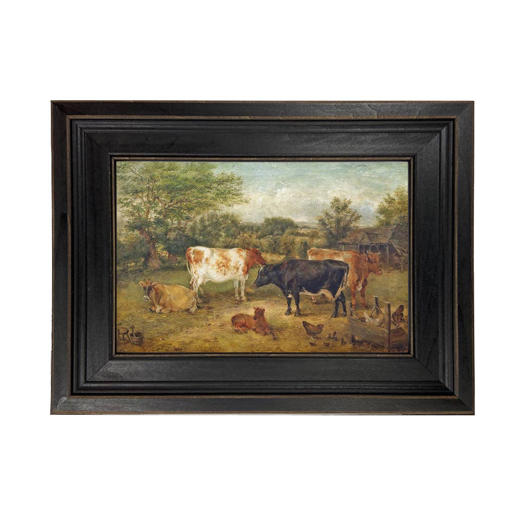 Cows and Chickens in Meadow Oil Painting Print: 7" x 10"