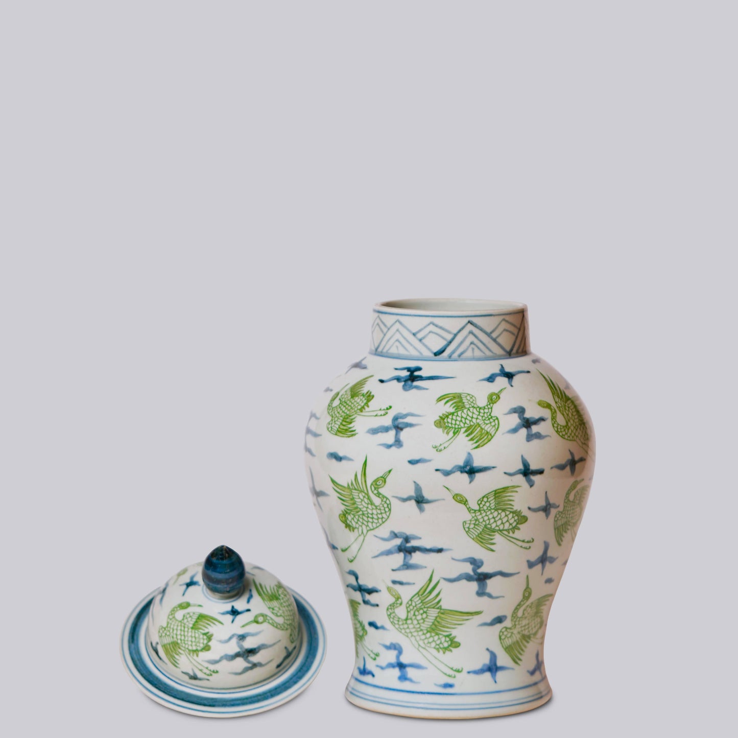 Flying Cranes Green and Blue Porcelain Temple Jar