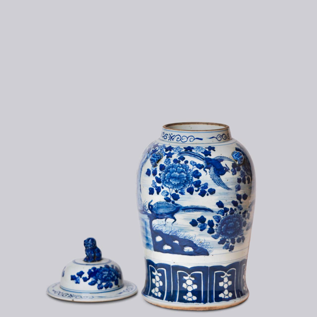 Blue and White Bird and Flower Porcelain Temple Jar