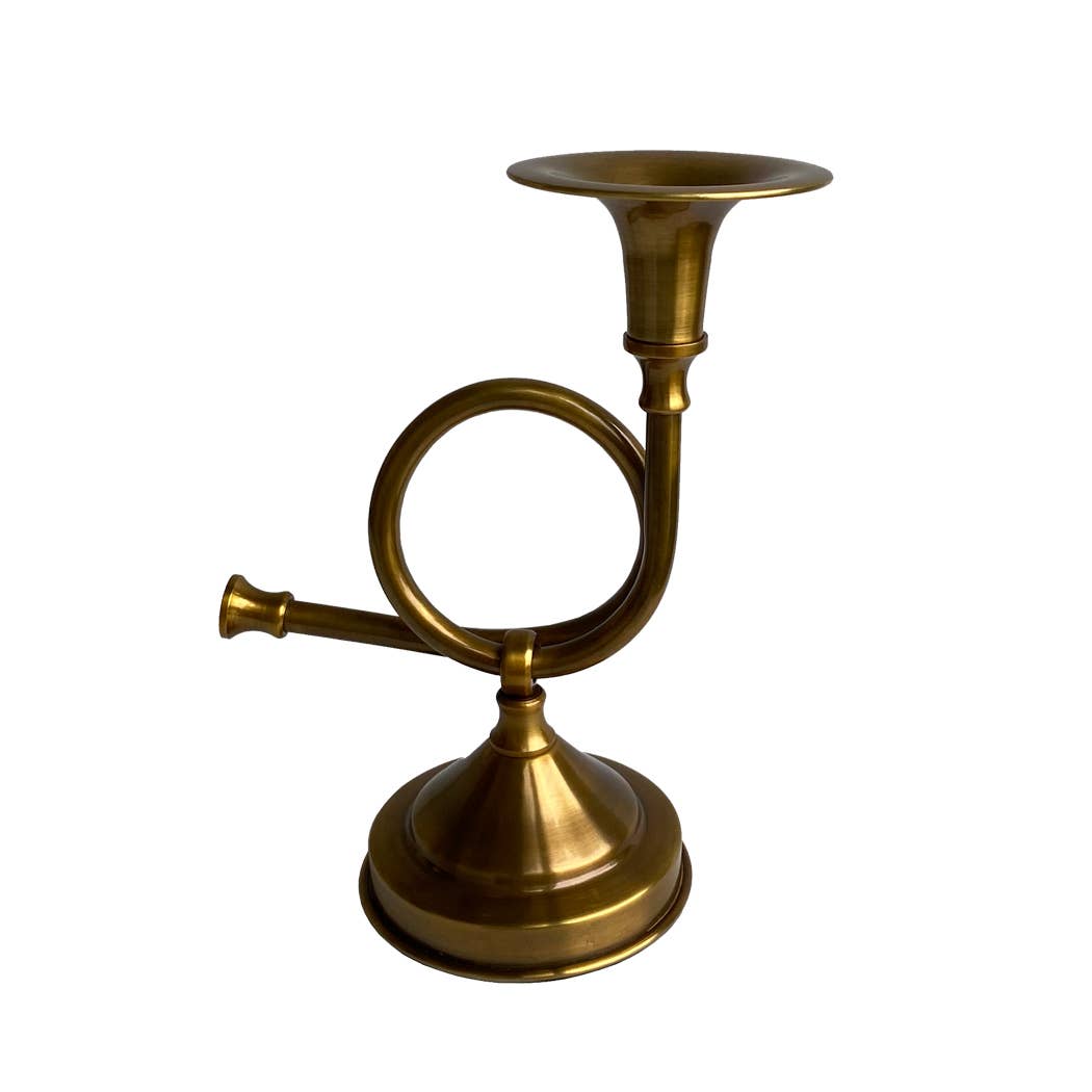 8-1/4" Brass French Horn Fox Hunt Candle Stick Holder