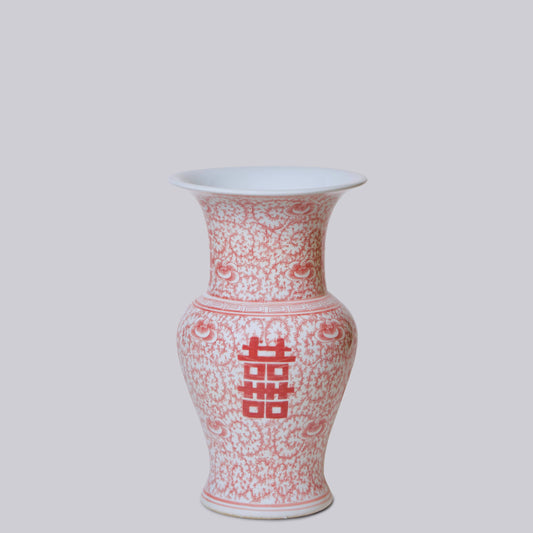 Double Happiness Red & White Porcelain Trumpet Vase