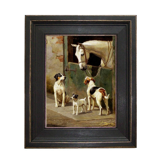Dog and Horse at Stable Framed Oil Painting Print on Canvas: 8" x 10"